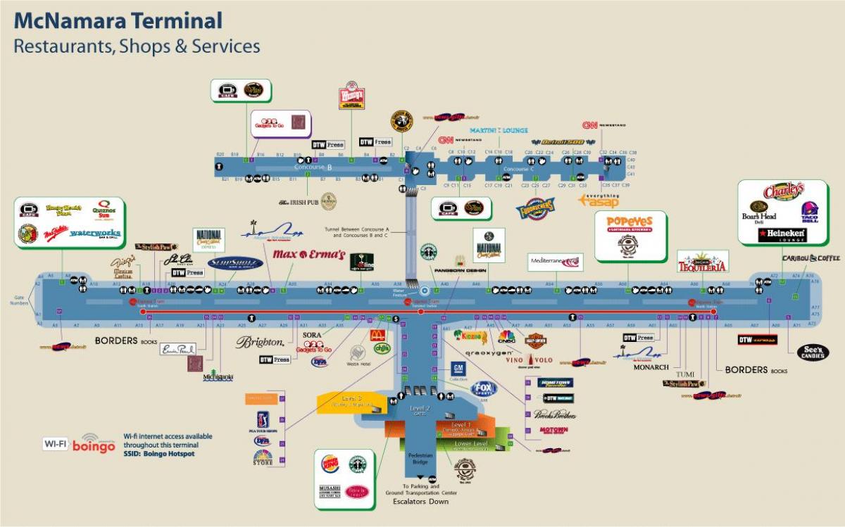 Detroit Airport reštaurácia mapu